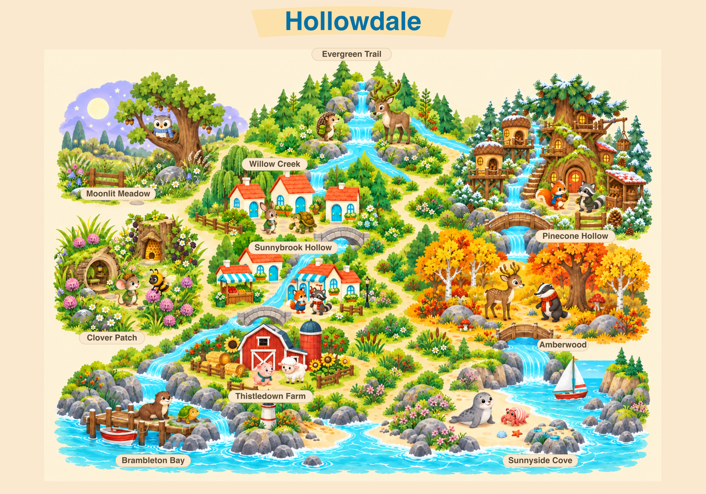 Illustrated map of Hollowdale showing the ten story worlds and the river that connects them.